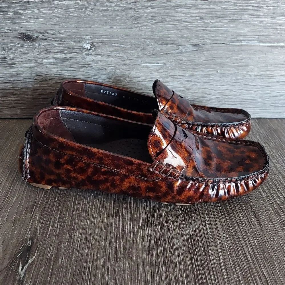Cole Haan Driving Patent Leather Cheeta/Animal Print Slip-On Loafers Sz 6B